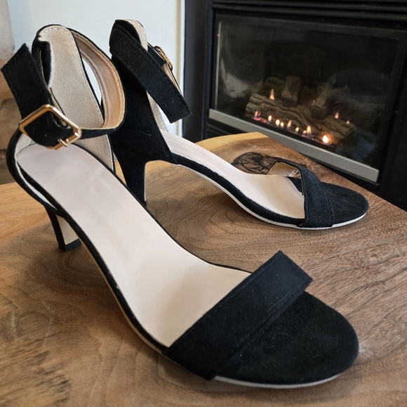 DONATED - Black Velvet Open Toe Sandals with 3" Heels and Adjustable Ankle Strap - Picture 2 of 11